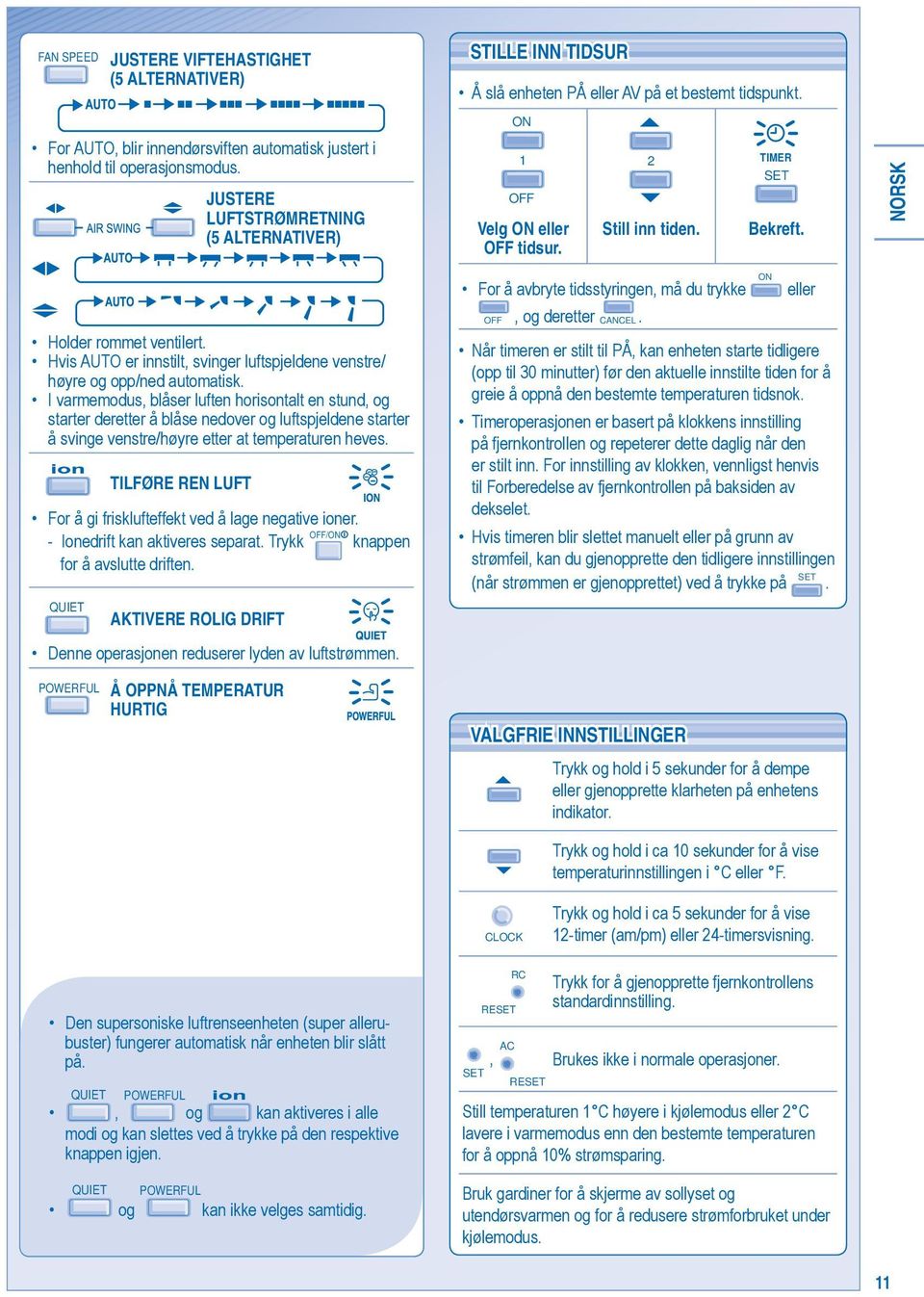 NORSK Holder rommet ventilert. Hvis AUTO er innstilt, svinger luftspjeldene venstre/ høyre og opp/ned automatisk.