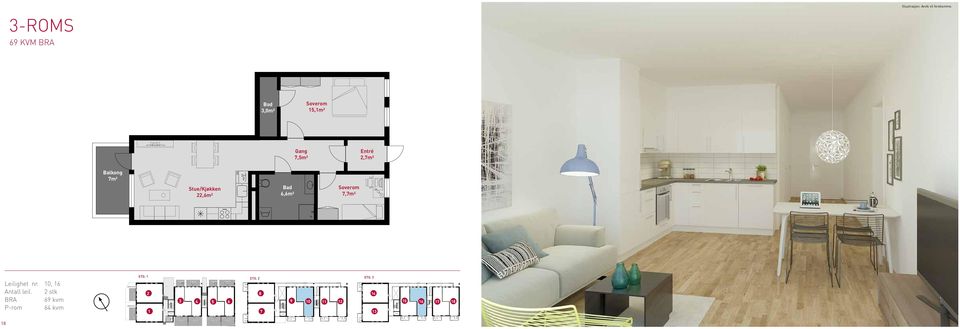 Bod 3,0m² 5,m² Skrensen 0 Gang 7,5m² Entré,7m² Balkong 7m² Stue/Kjøkken,6m² Bad 6,6m² 7,7m² Leilighet nr. 0, 6 ntall leil.