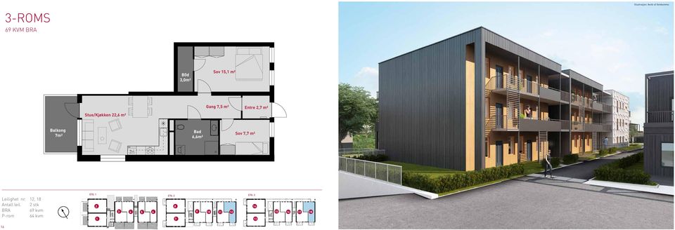 B0d 3,0m² Sov 5, m² Stue/Kjøkken,6 m² Gang 7,5 m² Entre,7 m² Balkong 7m² Bad 6,6m² Sov 7,7 m² Leilighet nr., 8 ntall leil.