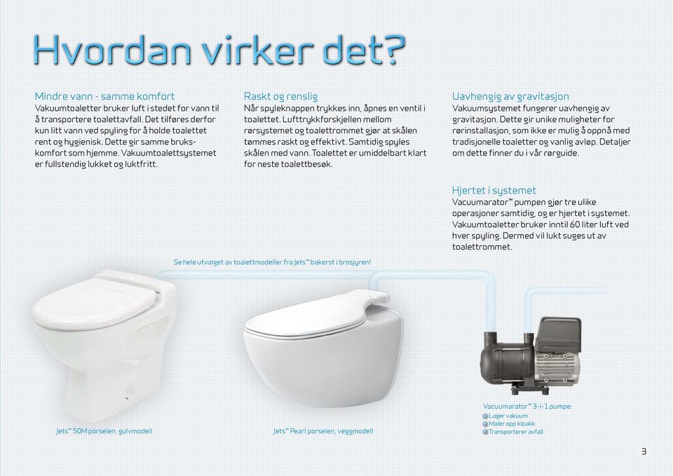 Lufttrykkforskjellen mellom rørsystemet og toalettrommet gjør at skålen tømmes raskt og effektivt. Samtidig spyles skålen med vann. Toalettet er umiddelbart klart for neste toalettbesøk.