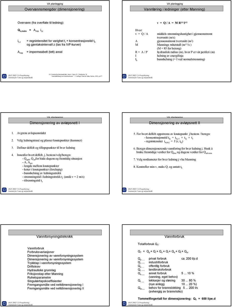 tverrsnitt (m 2 ) M Mannings ruhetstall (m 1/3 /s ) (M = 85 for betong) R = A / P hydraulisk radius (m), hvor P er våt periferi (m) I helning av energilinja bunnhelning (= I ved normalstrømning) I b