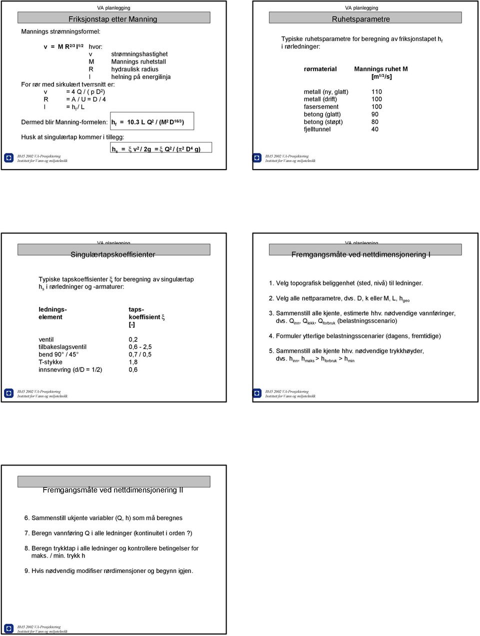 3 L Q 2 / (M 2 D 16/3 ) Husk at singulærtap kommer i tillegg: h s = x v 2 / 2g = x Q 2 / (p 2 D 4 g) Typiske ruhetsparametre for beregning av friksjonstapet h f i rørledninger: rørmaterial