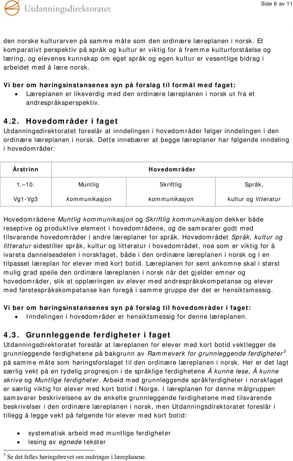 Vi ber om høringsinstansenes syn på forslag til formål med faget: Læreplanen er likeverdig med den ordinære læreplanen i norsk ut fra et andrespråksperspektiv. 4.2.