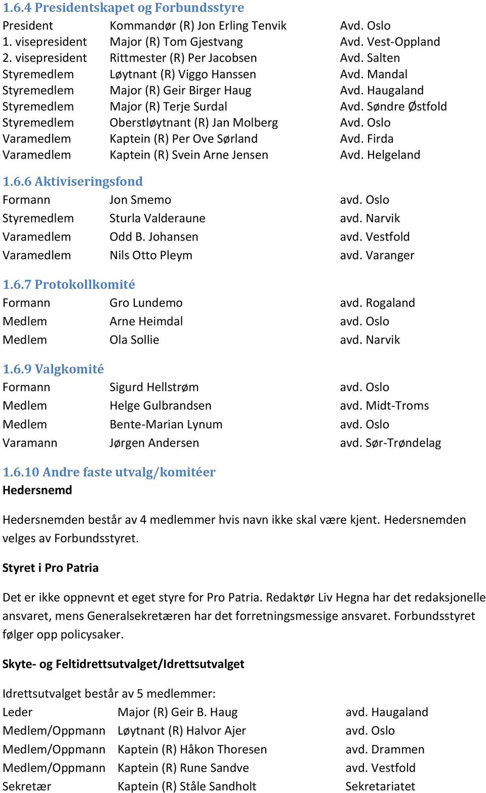 Søndre Østfold Styremedlem Oberstløytnant (R) Jan Molberg Avd. Oslo Varamedlem Kaptein (R) Per Ove Sørland Avd. Firda Varamedlem Kaptein (R) Svein Arne Jensen Avd. Helgeland 1.6.