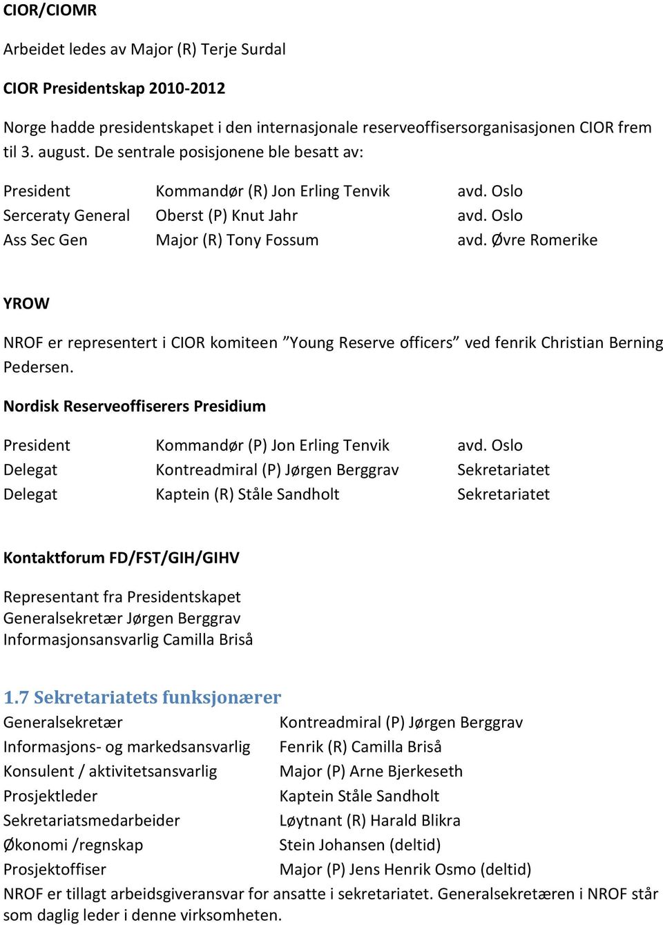 Øvre Romerike YROW NROF er representert i CIOR komiteen Young Reserve officers ved fenrik Christian Berning Pedersen. Nordisk Reserveoffiserers Presidium President Kommandør (P) Jon Erling Tenvik avd.