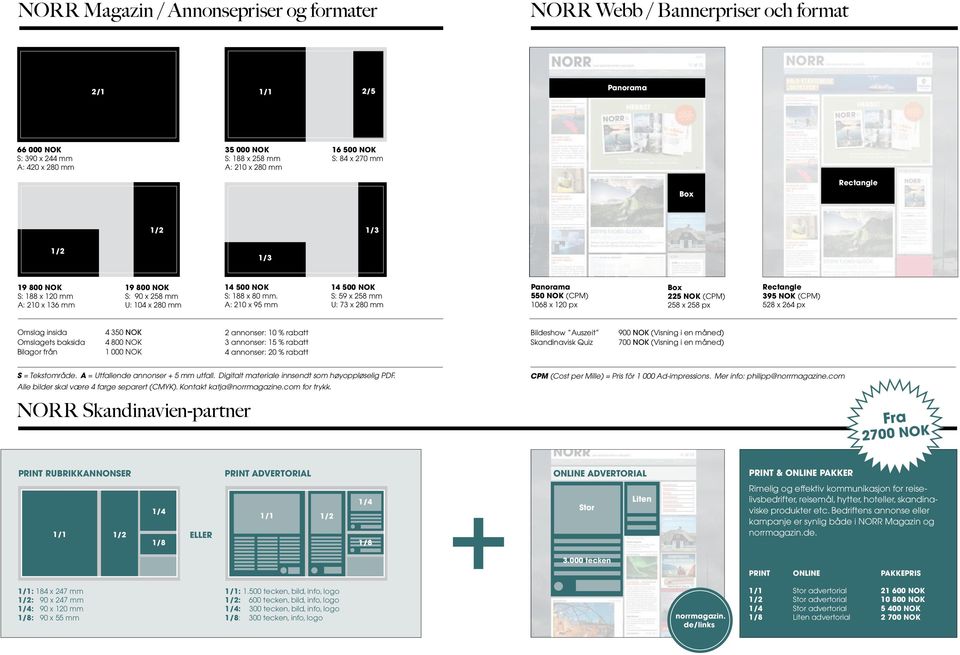 A: 210 x 95 mm 14 500 NOK S: 59 x 258 mm U: 73 x 280 mm Panorama 550 NOK (CPM) 1068 x 120 px Box 225 NOK (CPM) 258 x 258 px Rectangle 395 NOK (CPM) 528 x 264 px Omslag insida Omslagets baksida