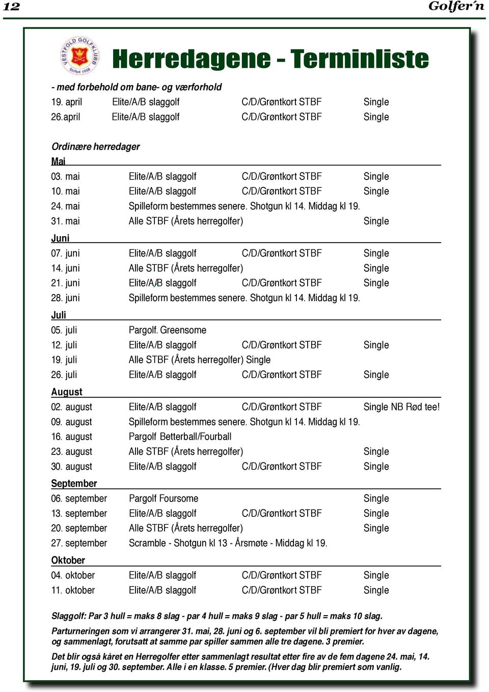 mai Spilleform bestemmes senere. Shotgun kl 14. Middag kl 19. 31. mai Alle STBF (Årets herregolfer) Single Juni 07. juni Elite/A/B slaggolf C/D/Grøntkort STBF Single 14.