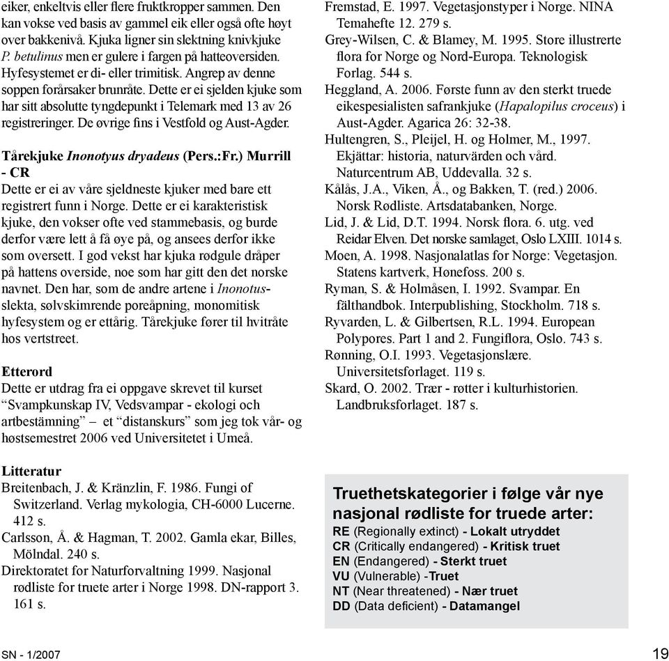 Dette er ei sjelden kjuke som har sitt absolutte tyngdepunkt i Telemark med 13 av 26 registreringer. De øvrige fins i Vestfold og Aust-Agder. Tårekjuke Inonotyus dryadeus (Pers.:Fr.