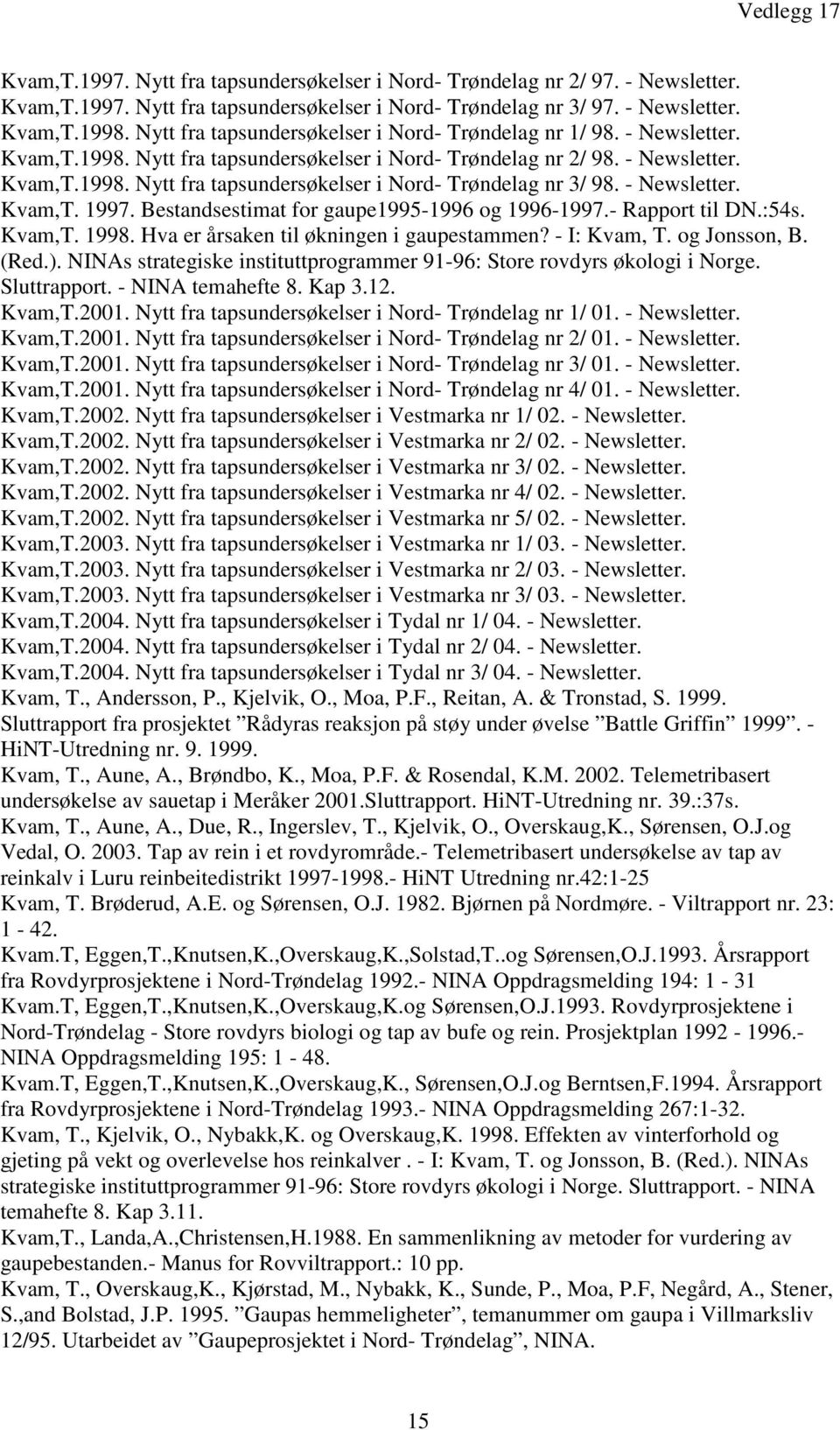 - Newsletter. Kvam,T. 1997. Bestandsestimat for gaupe1995-1996 og 1996-1997.- Rapport til DN.:54s. Kvam,T. 1998. Hva er årsaken til økningen i gaupestammen? - I: Kvam, T. og Jonsson, B. (Red.).