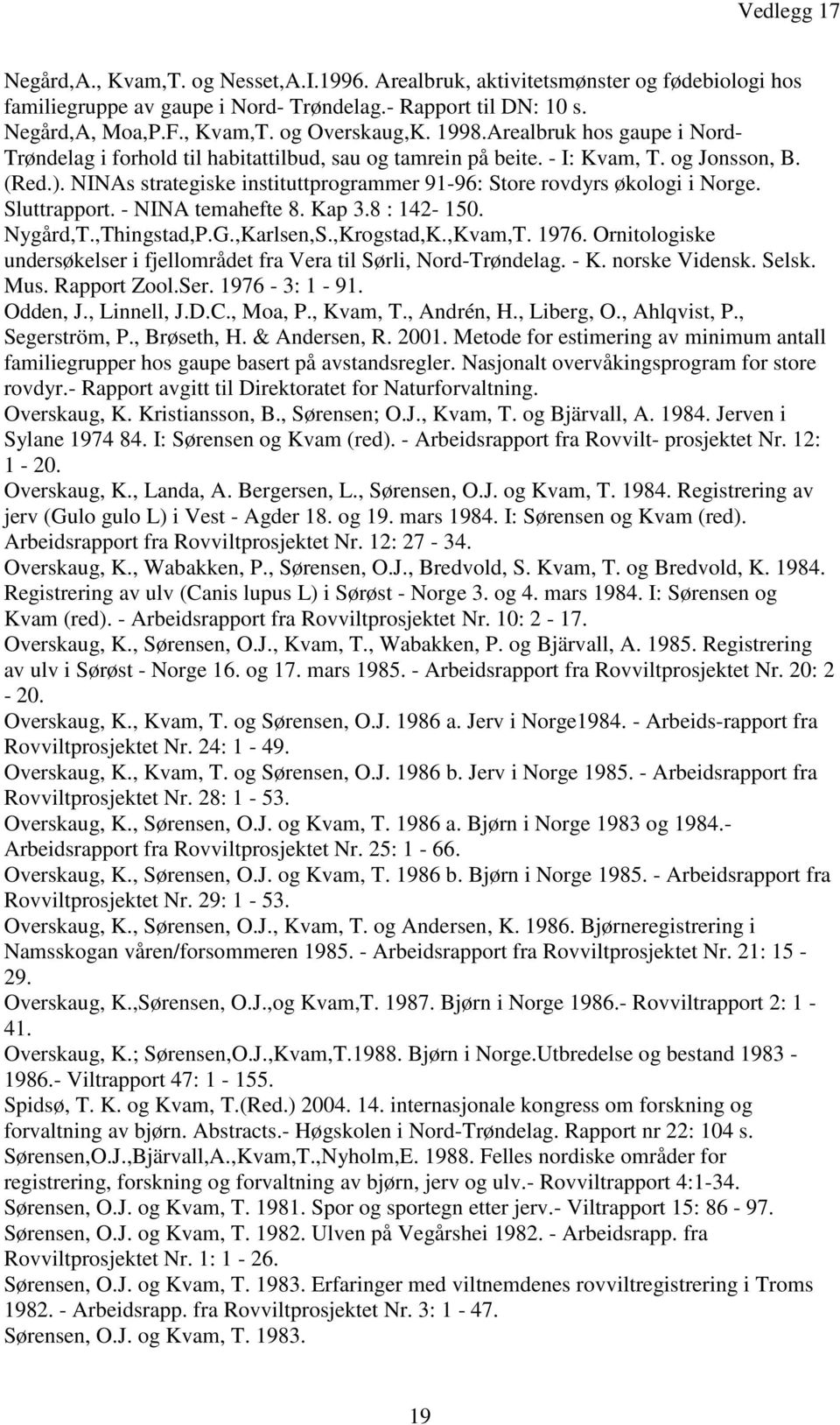 NINAs strategiske instituttprogrammer 91-96: Store rovdyrs økologi i Norge. Sluttrapport. - NINA temahefte 8. Kap 3.8 : 142-150. Nygård,T.,Thingstad,P.G.,Karlsen,S.,Krogstad,K.,Kvam,T. 1976.