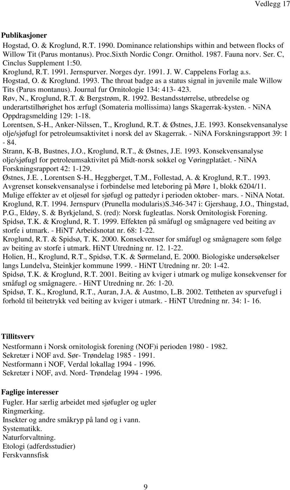 The throat badge as a status signal in juvenile male Willow Tits (Parus montanus). Journal fur Ornitologie 134: 413-423. Røv, N., Kroglund, R.T. & Bergstrøm, R. 1992.