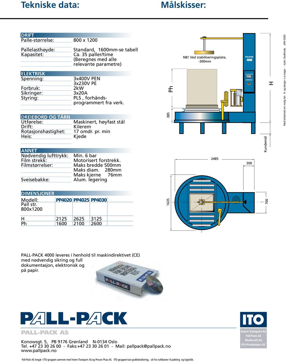 35 paller/time (Beregnes med alle relevante parametre) 3x400V PEN 3x230V PE 2kW 3x20A PLS, forhåndsprogrammert fra verk. Maskinert, høyfast stål Kilerem 17 omdr. pr. min Kjede Min.