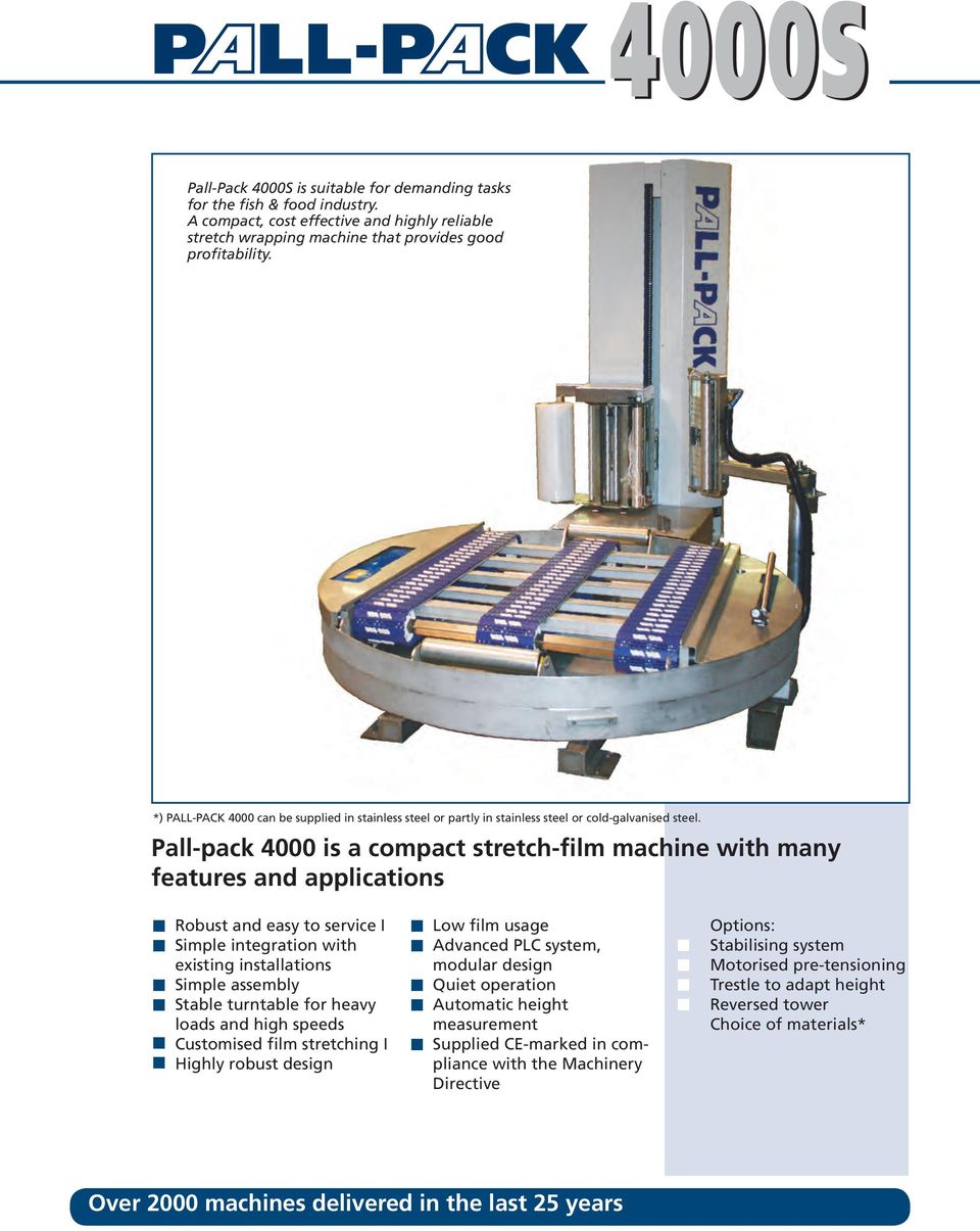 Pall-pack 4000 is a compact stretch-film machine with many features and applications Robust and easy to service I Simple integration with existing installations Simple assembly Stable turntable for