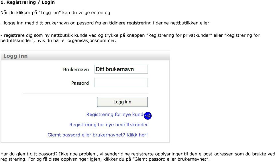 eller Registrering for bedriftskunder, hvis du har et organisasjonsnummer. Har du glemt ditt passord?