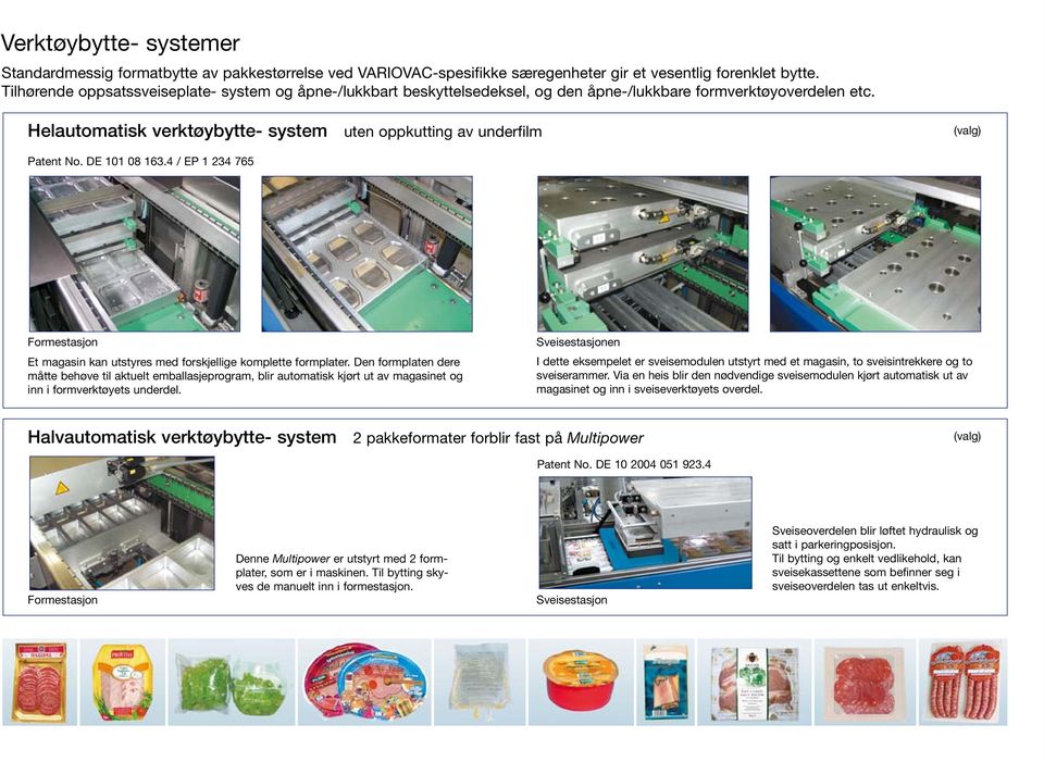 Helautomatisk verktøybytte- system uten oppkutting av underfilm (valg) Patent No. DE 101 08 163.4 / EP 1 234 765 Formestasjon Et magasin kan utstyres med forskjellige komplette formplater.