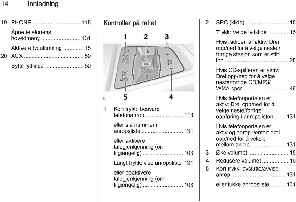 ..103 2 SRC (kilde)... 15 Trykk: Velge lydkilde... 15 Hvis radioen er aktiv: Drei opp/ned for å velge neste / forrige stasjon som er stilt inn.