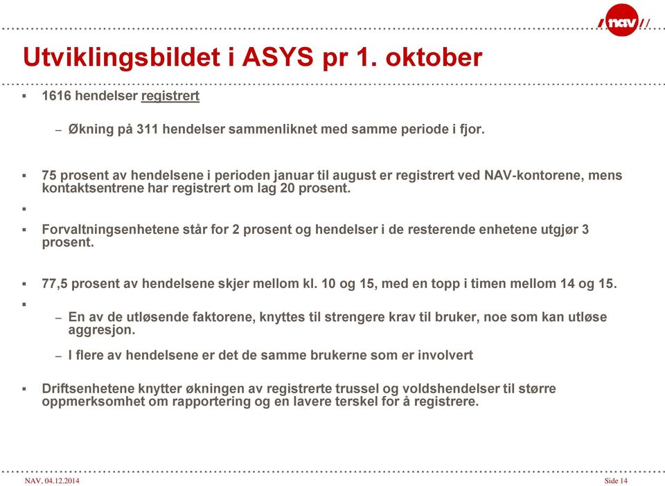 Forvaltningsenhetene står for 2 prosent og hendelser i de resterende enhetene utgjør 3 prosent. 77,5 prosent av hendelsene skjer mellom kl. 10 og 15, med en topp i timen mellom 14 og 15.