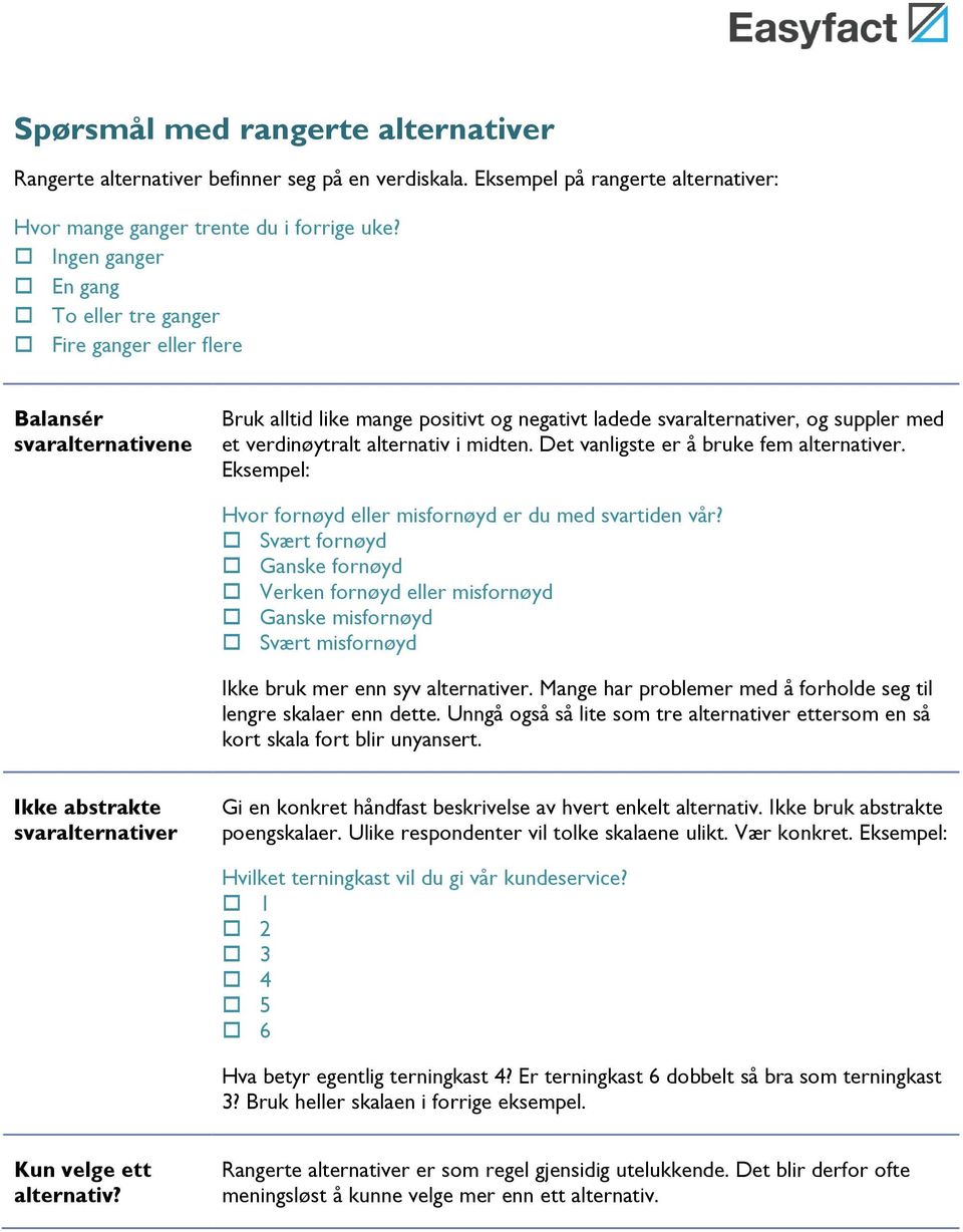 alternativ i midten. Det vanligste er å bruke fem alternativer. Eksempel: Hvor fornøyd eller misfornøyd er du med svartiden vår?