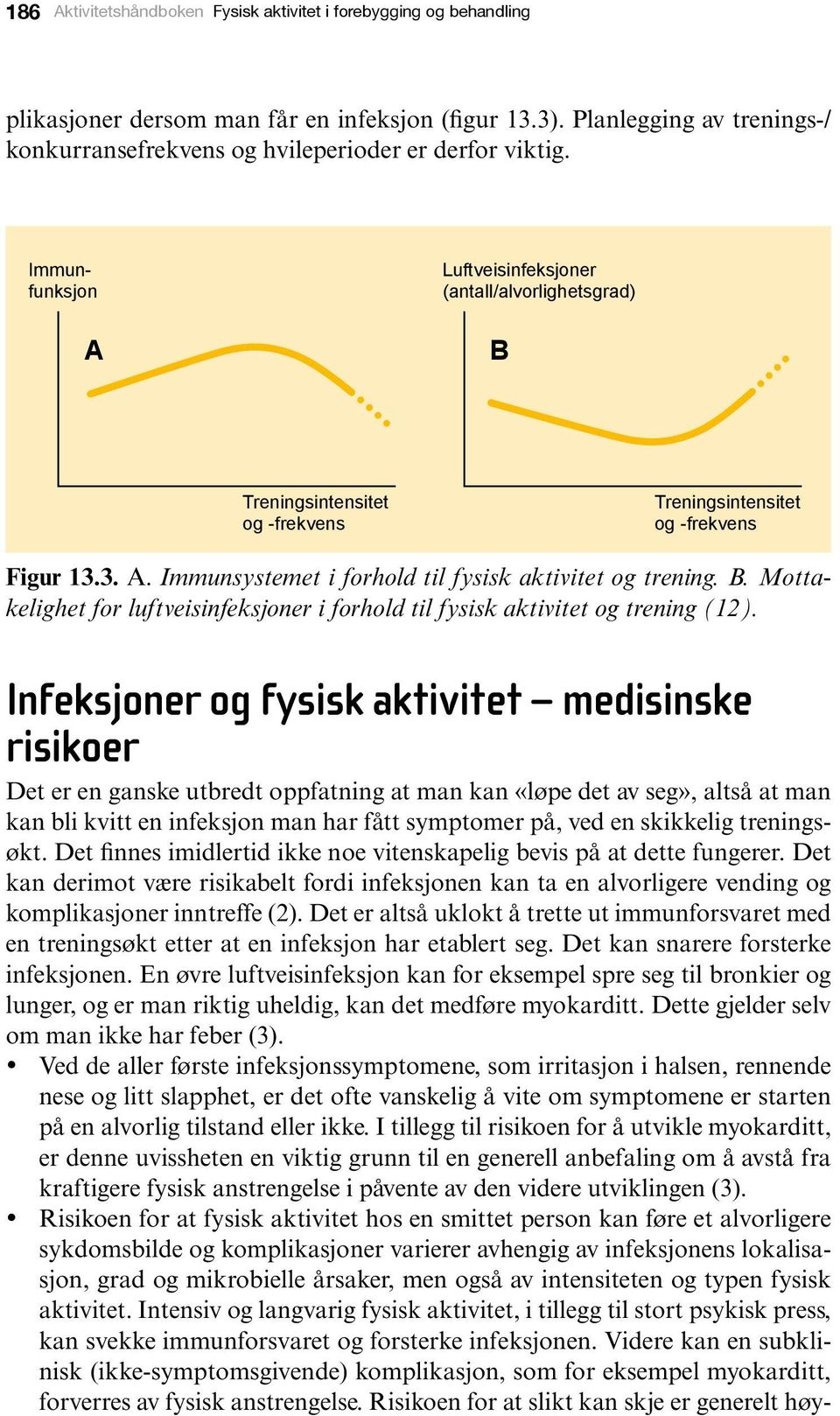 Immunfunksjon A Luftveisinfeksjoner (antall/alvorlighetsgrad) B Treningsintensitet og -frekvens Treningsintensitet og -frekvens Figur 13.3. A. Immunsystemet i forhold til fysisk aktivitet og trening.