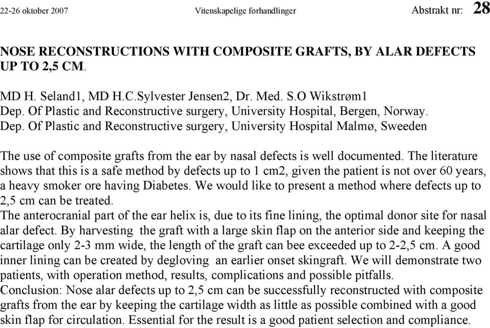 Of Plastic and Reconstructive surgery, University Hospital Malmø, Sweeden The use of composite grafts from the ear by nasal defects is well documented.