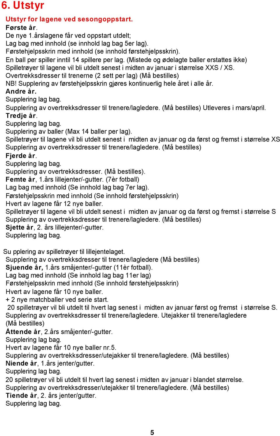 (Mistede og ødelagte baller erstattes ikke) Spilletrøyer til lagene vil bli utdelt senest i midten av januar i størrelse XXS / XS. Overtrekksdresser til trenerne (2 sett per lag) (Må bestilles) NB!