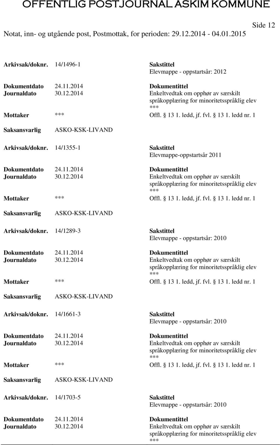 2014 Enkeltvedtak om opphør av særskilt språkopplæring for minoritetsspråklig elev Mottaker Offl. 13 1. ledd, jf. fvl. 13 1. ledd nr. 1 ASKO-KSK-LIVAND Arkivsak/doknr.