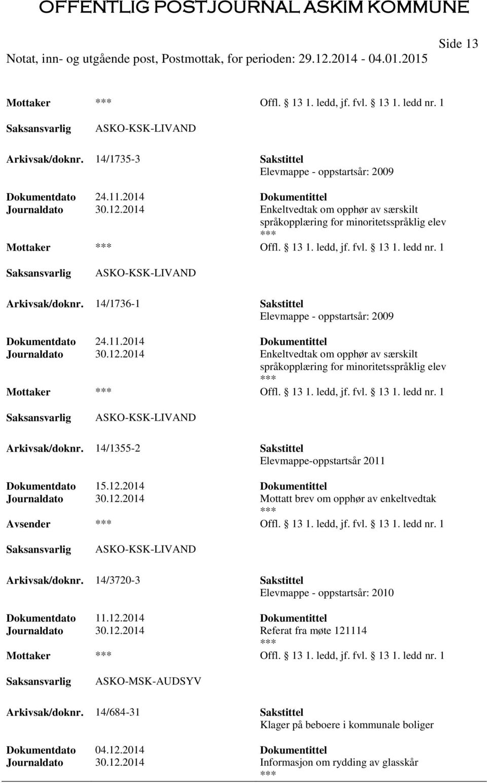 14/1736-1 Sakstittel Elevmappe - oppstartsår: 2009 Dokumentdato 24.11.2014 Dokumentittel Journaldato 30.12. 14/1355-2 Sakstittel Elevmappe-oppstartsår 2011 Journaldato 30.12.2014 Mottatt brev om opphør av enkeltvedtak Offl.