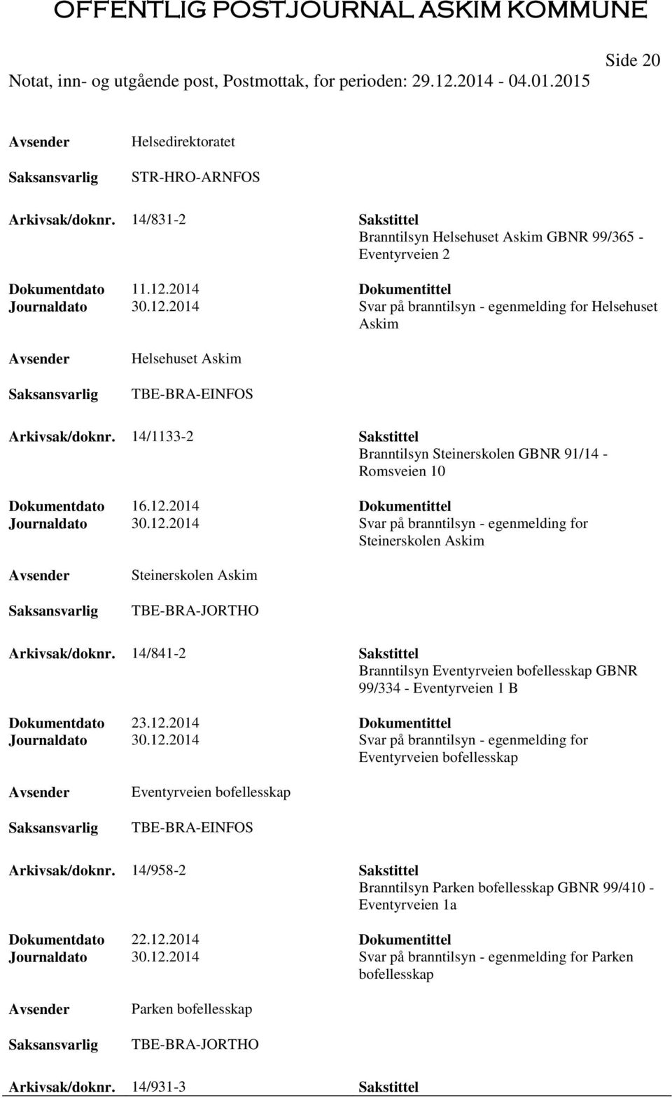 14/1133-2 Sakstittel Branntilsyn Steinerskolen GBNR 91/14 - Romsveien 10 Dokumentdato 16.12.