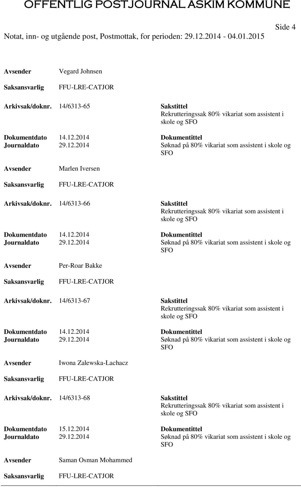 2014 Dokumentittel Per-Roar Bakke Arkivsak/doknr. 14/6313-67 Sakstittel Dokumentdato 14.12.