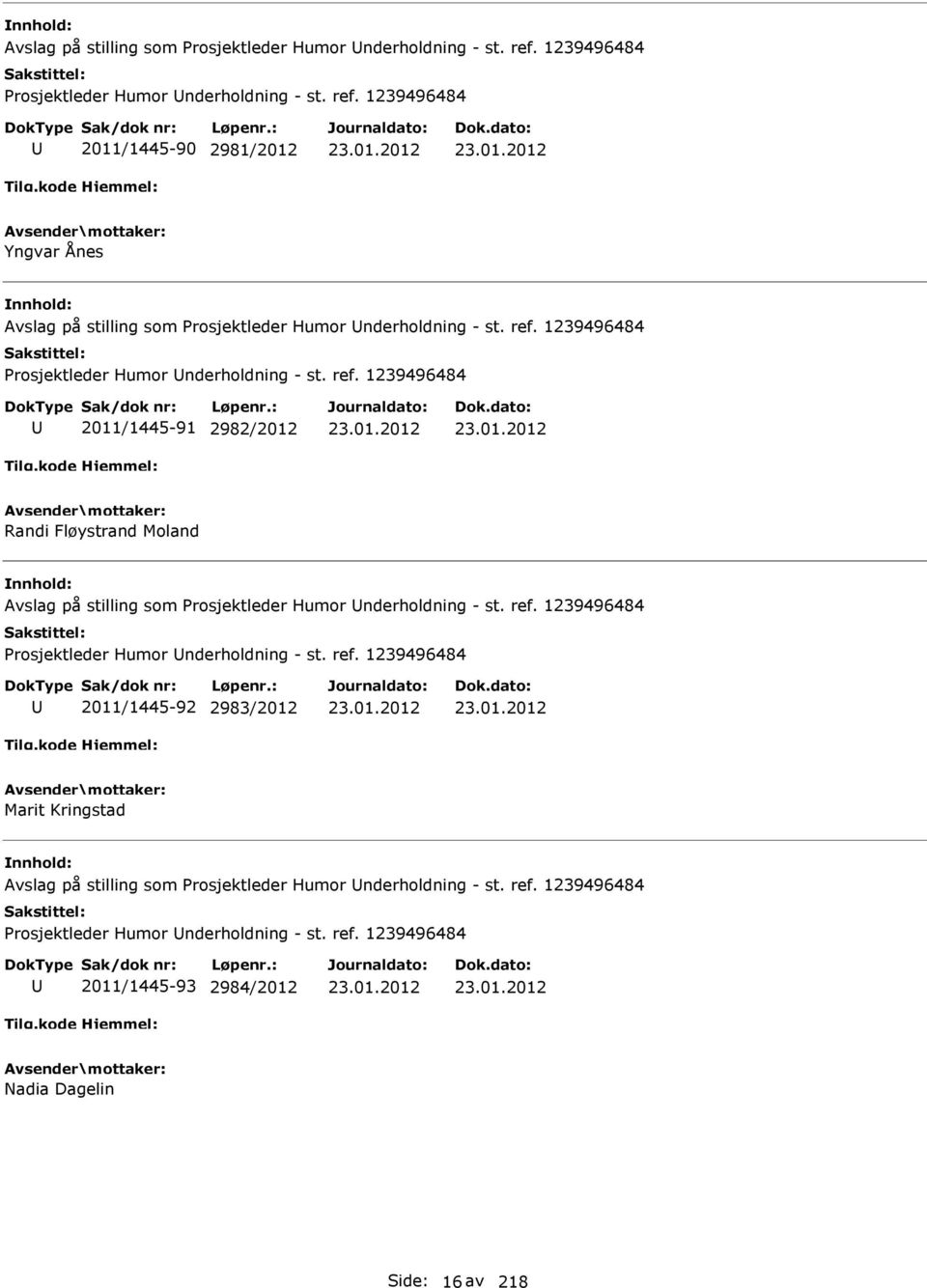 1239496484 2011/1445-91 2982/2012 Randi Fløystrand Moland Avslag på stilling som Prosjektleder Humor nderholdning - st.