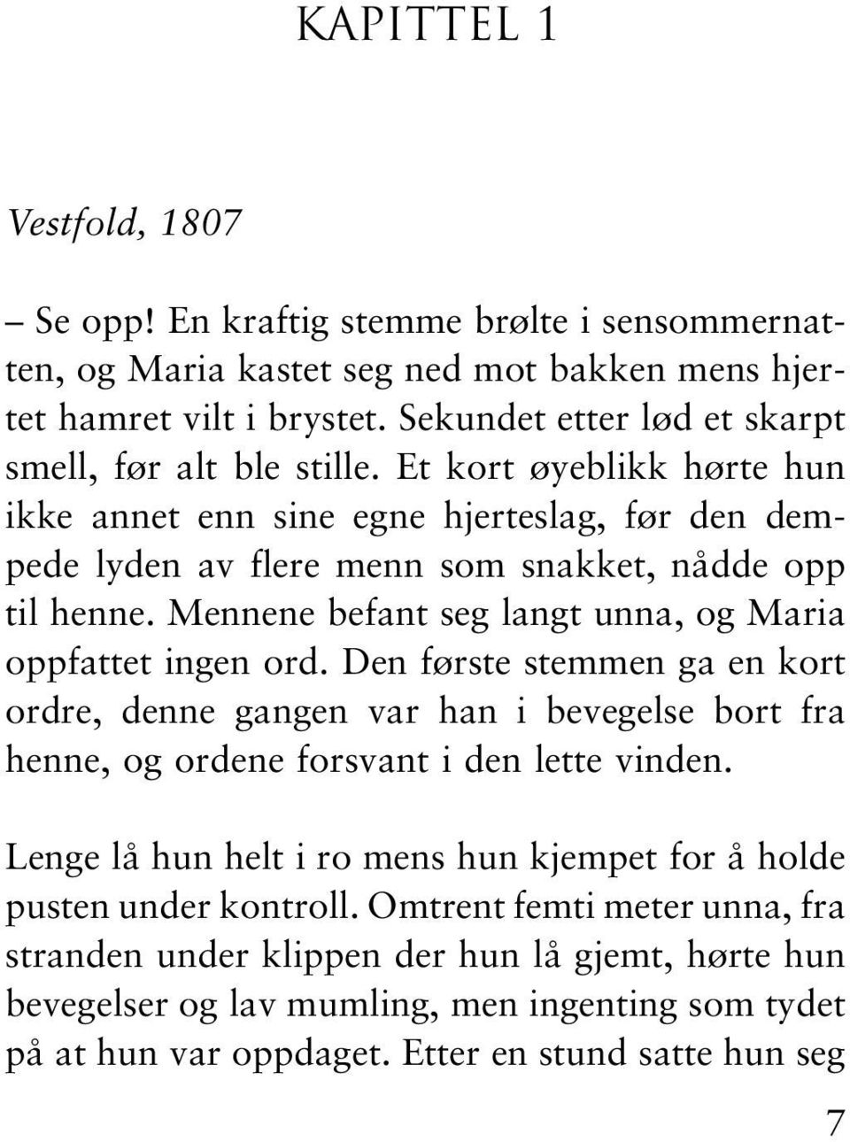 Mennene befant seg langt unna, og Maria oppfattet ingen ord. Den første stemmen ga en kort ordre, denne gangen var han i bevegelse bort fra henne, og ordene forsvant i den lette vinden.