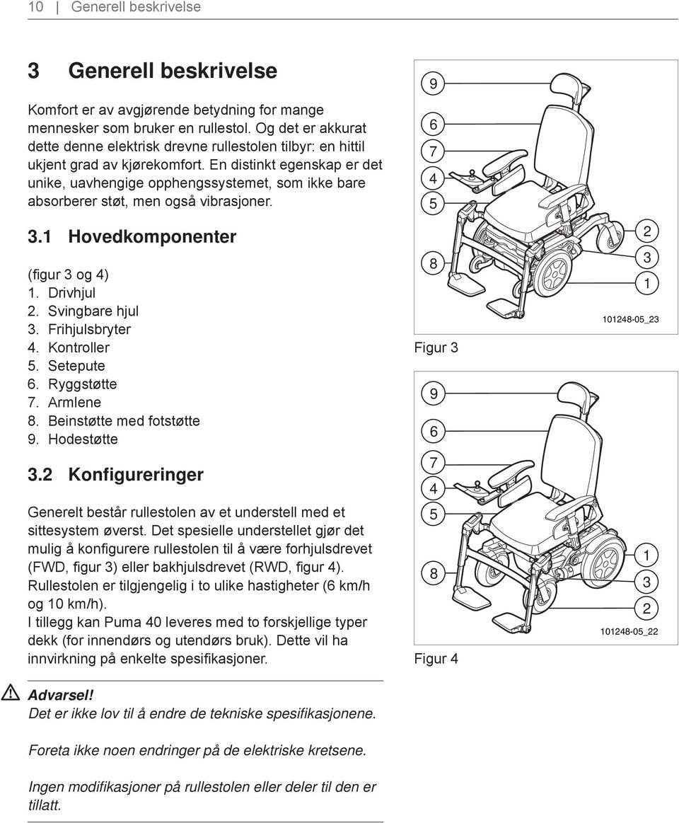 En distinkt egenskap er det unike, uavhengige opphengssystemet, som ikke bare absorberer støt, men også vibrasjoner. 3.1 Hovedkomponenter (fi gur 3 og 4) 1. Drivhjul 2. Svingbare hjul 3.