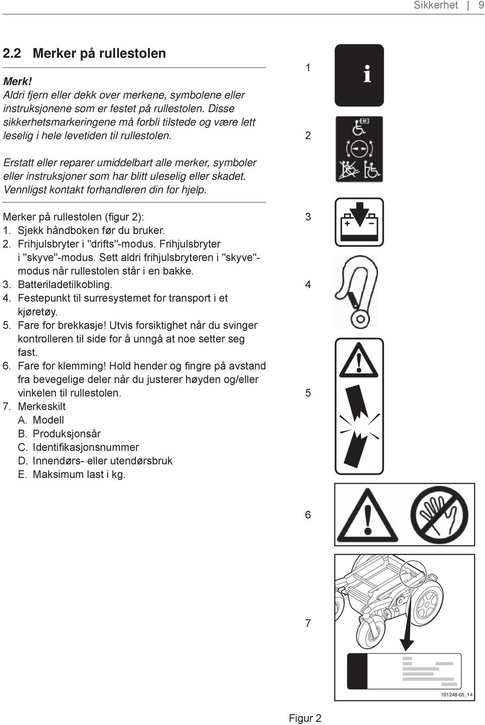 1 2 Erstatt eller reparer umiddelbart alle merker, symboler eller instruksjoner som har blitt uleselig eller skadet. Vennligst kontakt forhandleren din for hjelp. Merker på rullestolen (figur 2): 1.