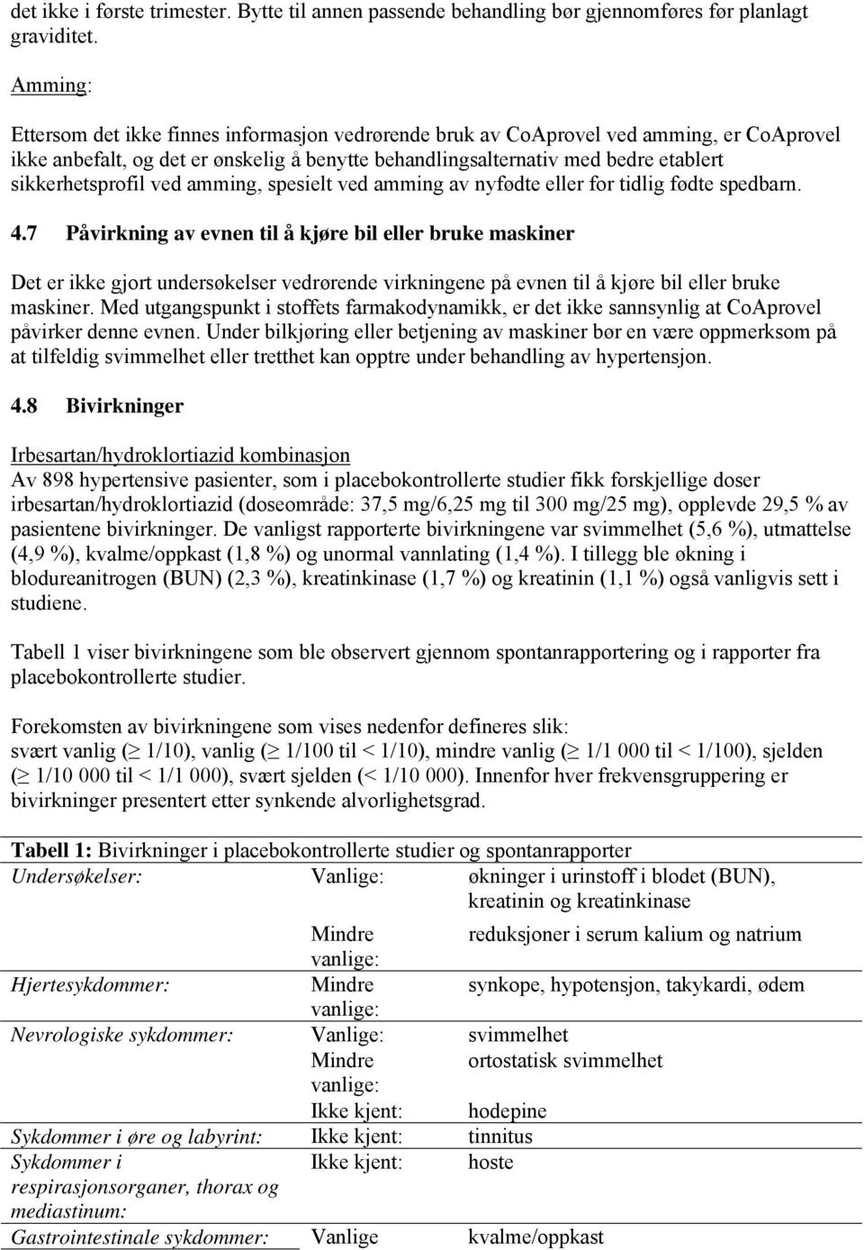 sikkerhetsprofil ved amming, spesielt ved amming av nyfødte eller for tidlig fødte spedbarn. 4.