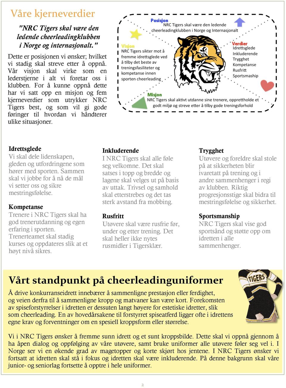 For å kunne oppnå dette har vi satt opp en misjon og fem kjerneverdier som utrykker NRC Tigers best, og som vil gi gode føringer til hvordan vi håndterer ulike situasjoner.