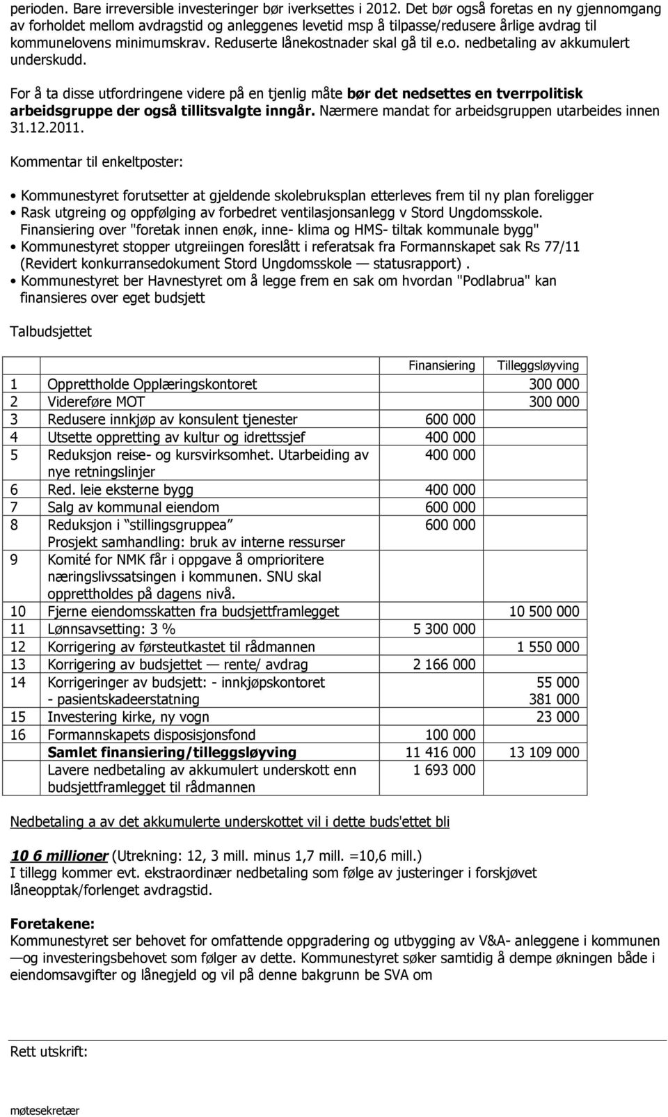 o. nedbetaling av akkumulert underskudd. For å ta disse utfordringene videre på en tjenlig måte bør det nedsettes en tverrpolitisk arbeidsgruppe der også tillitsvalgte inngår.