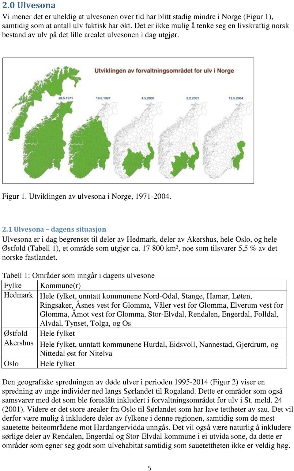 1 Ulvesona dagens situasjon Ulvesona er i dag begrenset til deler av Hedmark, deler av Akershus, hele Oslo, og hele Østfold (Tabell 1), et område som utgjør ca.