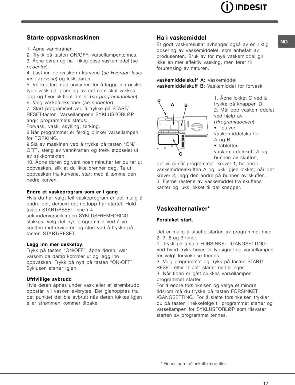 Vri knotten med urviseren for å legge inn ønsket type vask på grunnlag av det som skal vaskes opp og hvor skittent det er (se programtabellen). 6. Velg vaskefunksjoner (se nedenfor). 7.