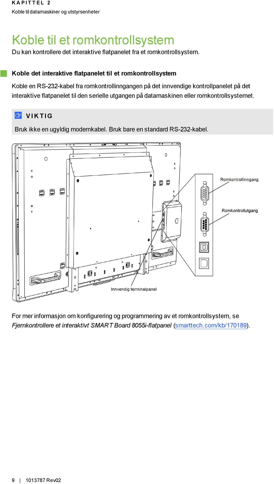 flatpanelet til den serielle utgangen på datamaskinen eller romkontrollsystemet. V I K T I G Bruk ikke en ugyldig modemkabel. Bruk bare en standard RS-232-kabel.