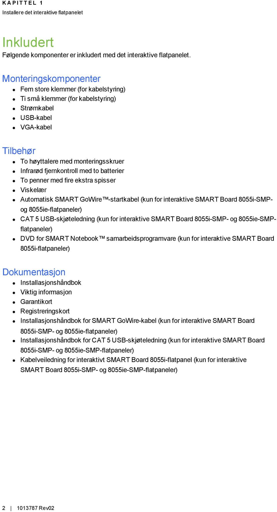 batterier To penner med fire ekstra spisser Viskelær Automatisk SMART GoWire -startkabel (kun for interaktive SMART Board 8055i-SMPog 8055ie-flatpaneler) CAT 5 USB-skjøteledning (kun for interaktive