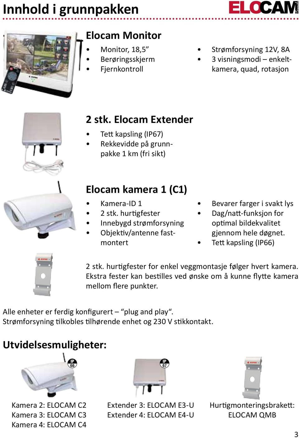 hurtigfester Innebygd strømforsyning Objektiv/antenne fastmontert Bevarer farger i svakt lys Dag/natt-funksjon for optimal bildekvalitet gjennom hele døgnet. Tett kapsling (IP66) 2 stk.