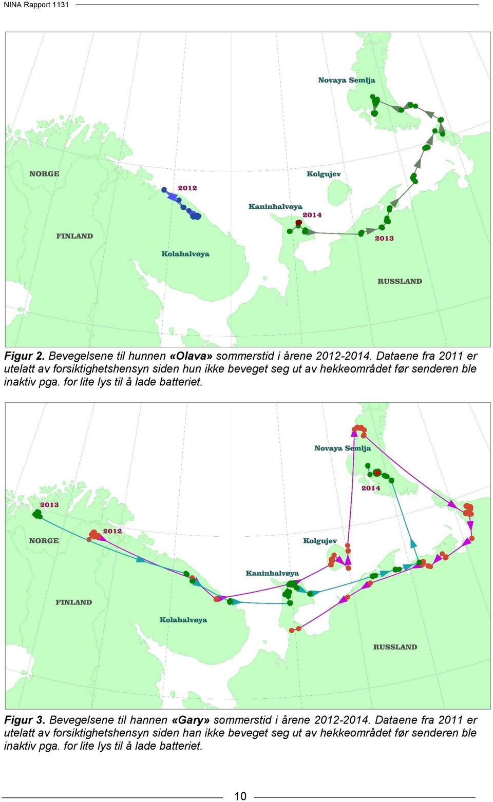 inaktiv pga. for lite lys til å lade batteriet. Figur 3. Bevegelsene til hannen «Gary» sommerstid i årene 2012-2014.