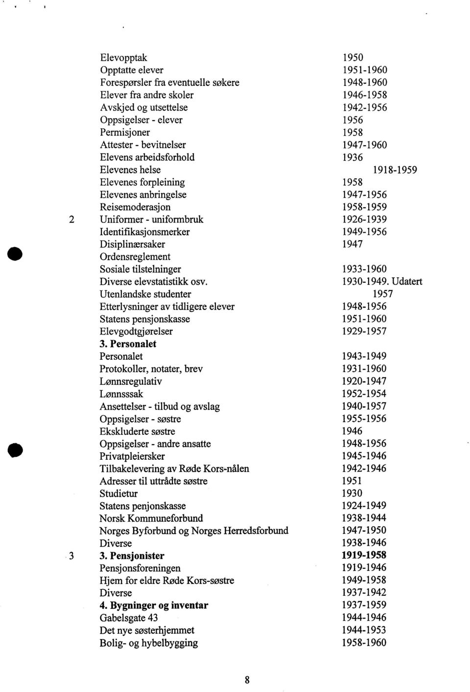 1926-1939 Identifikasjonsmerker 1949-1956 Disiplinærsaker 1947 Ordensreglement Sosiale tilstelninger 1933-1960 Diverse elevstatistikk osv. 1930-1949.