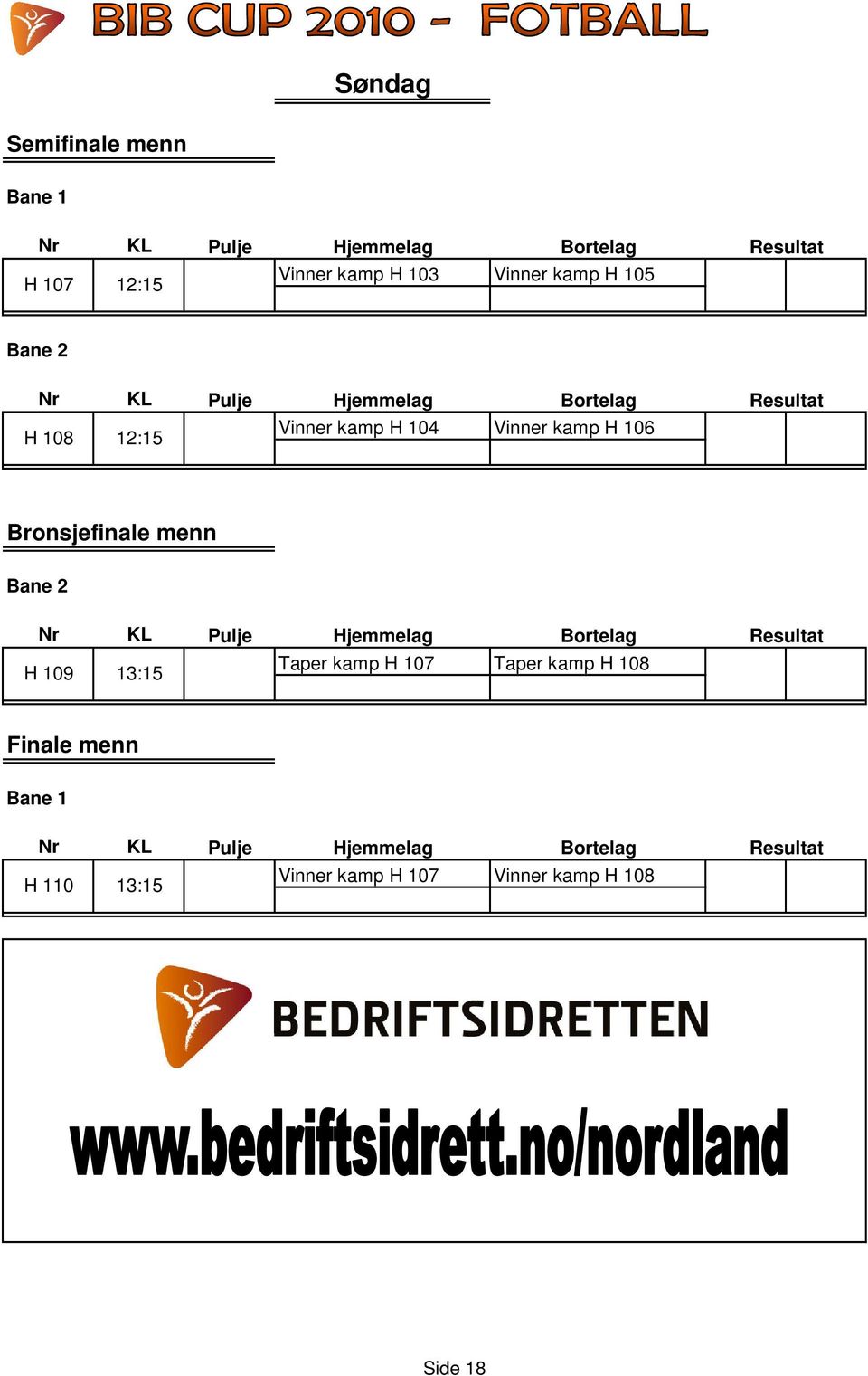 Bronsjefinale menn Bane 2 H 109 13:15 Taper kamp H 107 Taper kamp H