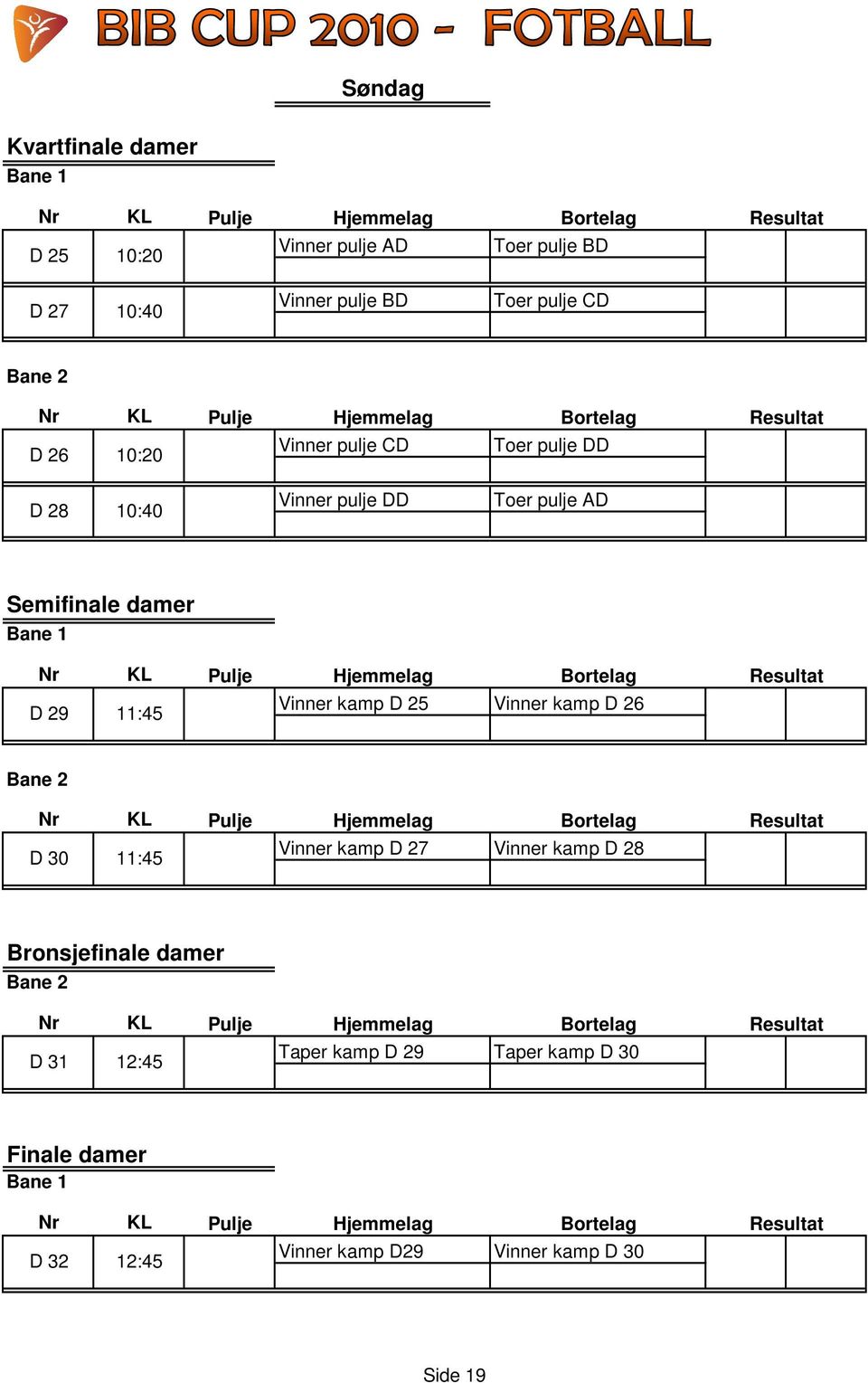 29 11:45 Vinner kamp D 25 Vinner kamp D 26 Bane 2 D 30 11:45 Vinner kamp D 27 Vinner kamp D 28 Bronsjefinale damer