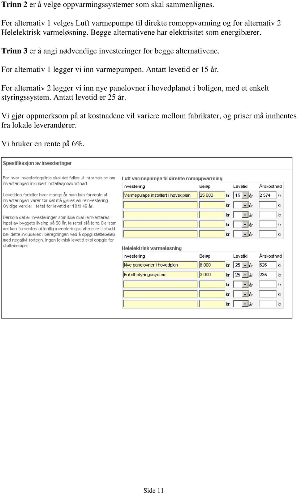 Begge alternativene har elektrisitet som energibærer. Trinn 3 er å angi nødvendige investeringer for begge alternativene.