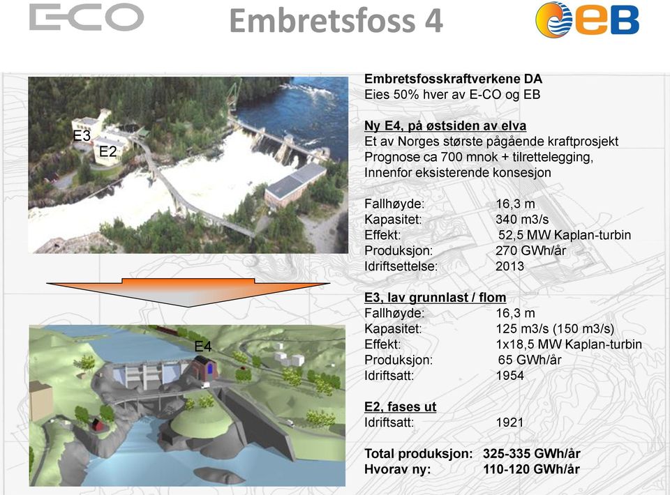 Kaplan-turbin Produksjon: 270 GWh/år Idriftsettelse: 2013 E4 E3, lav grunnlast / flom Fallhøyde: 16,3 m Kapasitet: 125 m3/s (150 m3/s) Effekt: