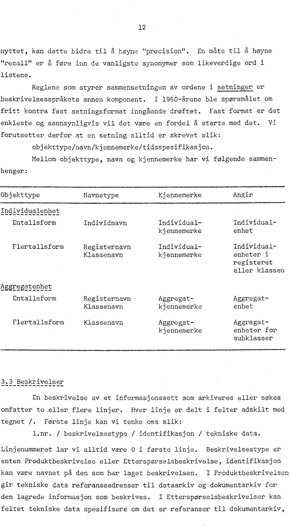 Vi forutsetter derfor at en setning alltid er skrevet slik: objekttypeinavnikjennemerke/tidsspesifikasjon.