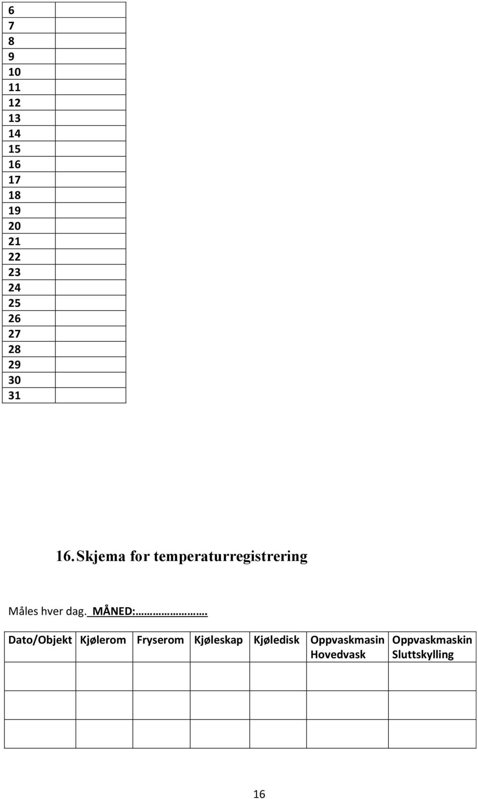 Skjema for temperaturregistrering Måles hver dag. MÅNED:.