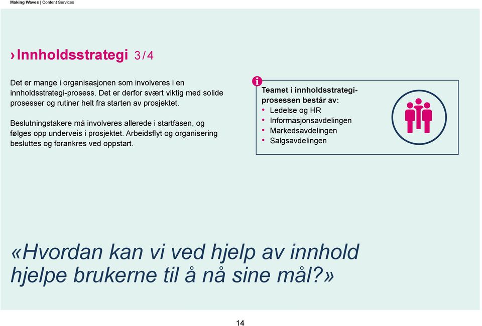 Teamet i innholdsstrategiprosessen består av: Ledelse og HR Informasjonsavdelingen Markedsavdelingen Salgsavdelingen Beslutningstakere må